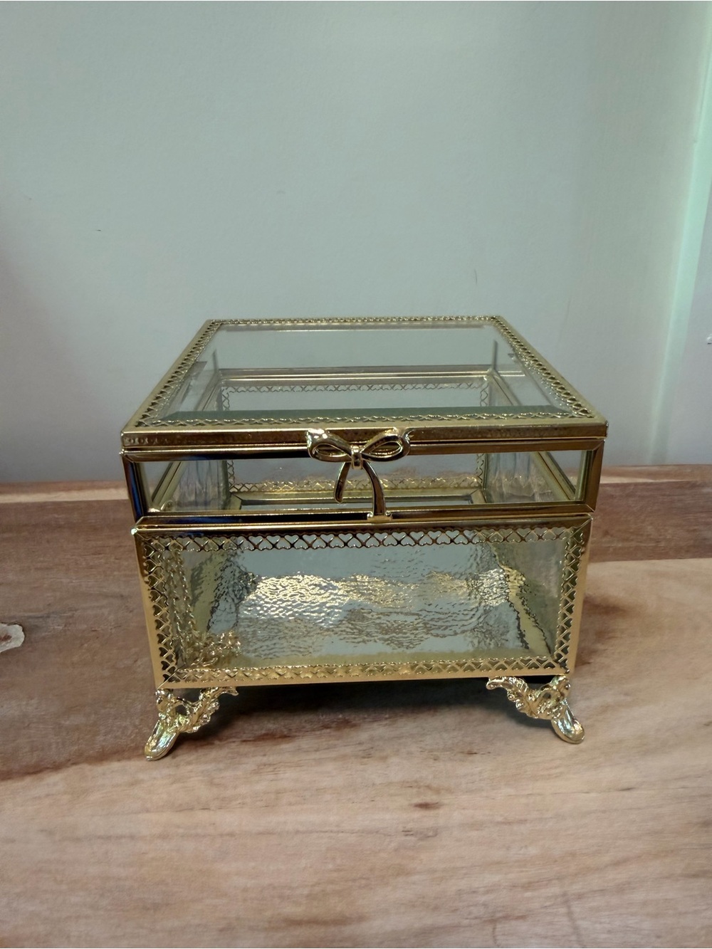 Glass and Gold Jewelry Display Box with Bow Accent